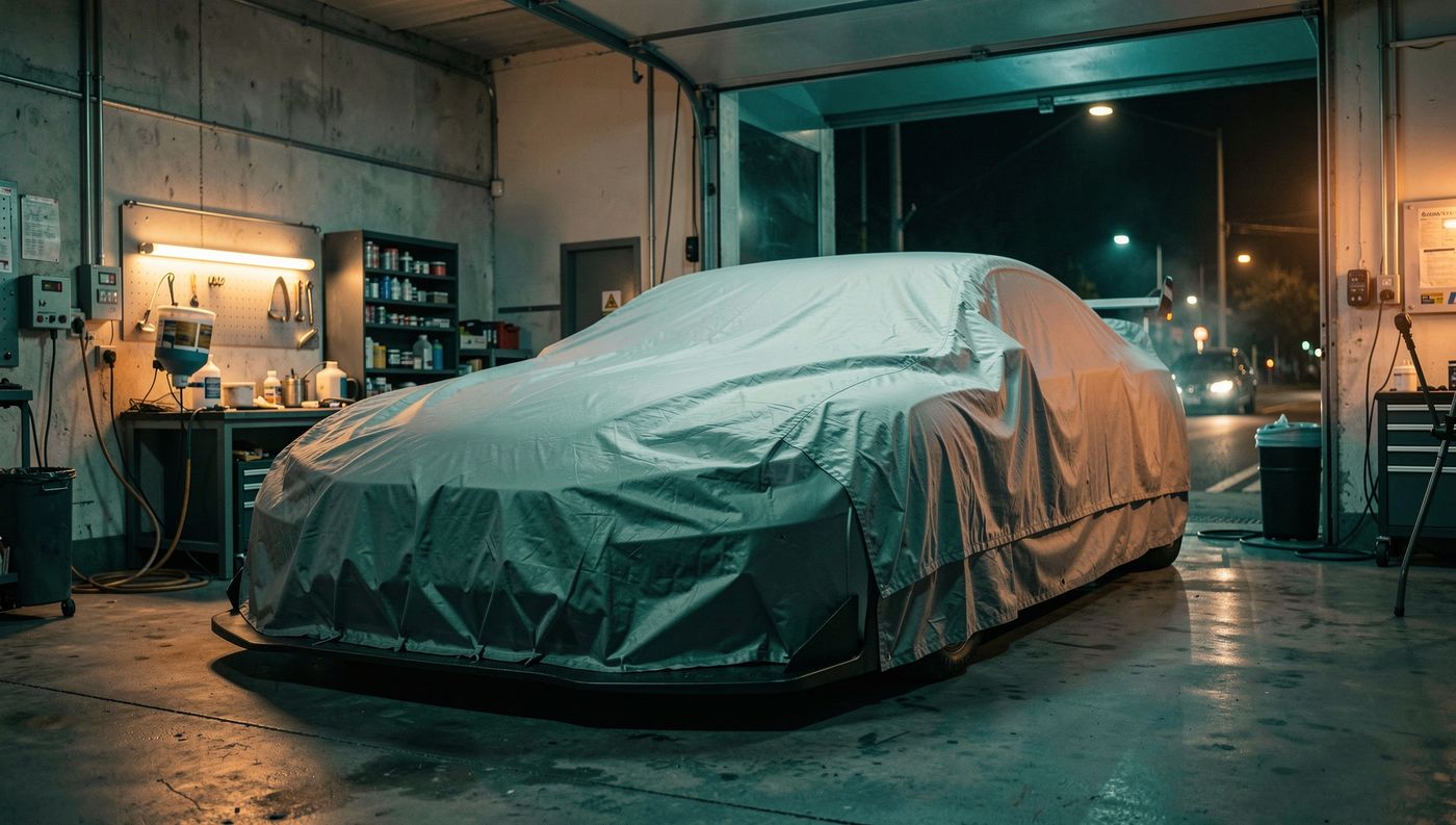 BMW M4 GT3 Rennwagen nachts in der Box