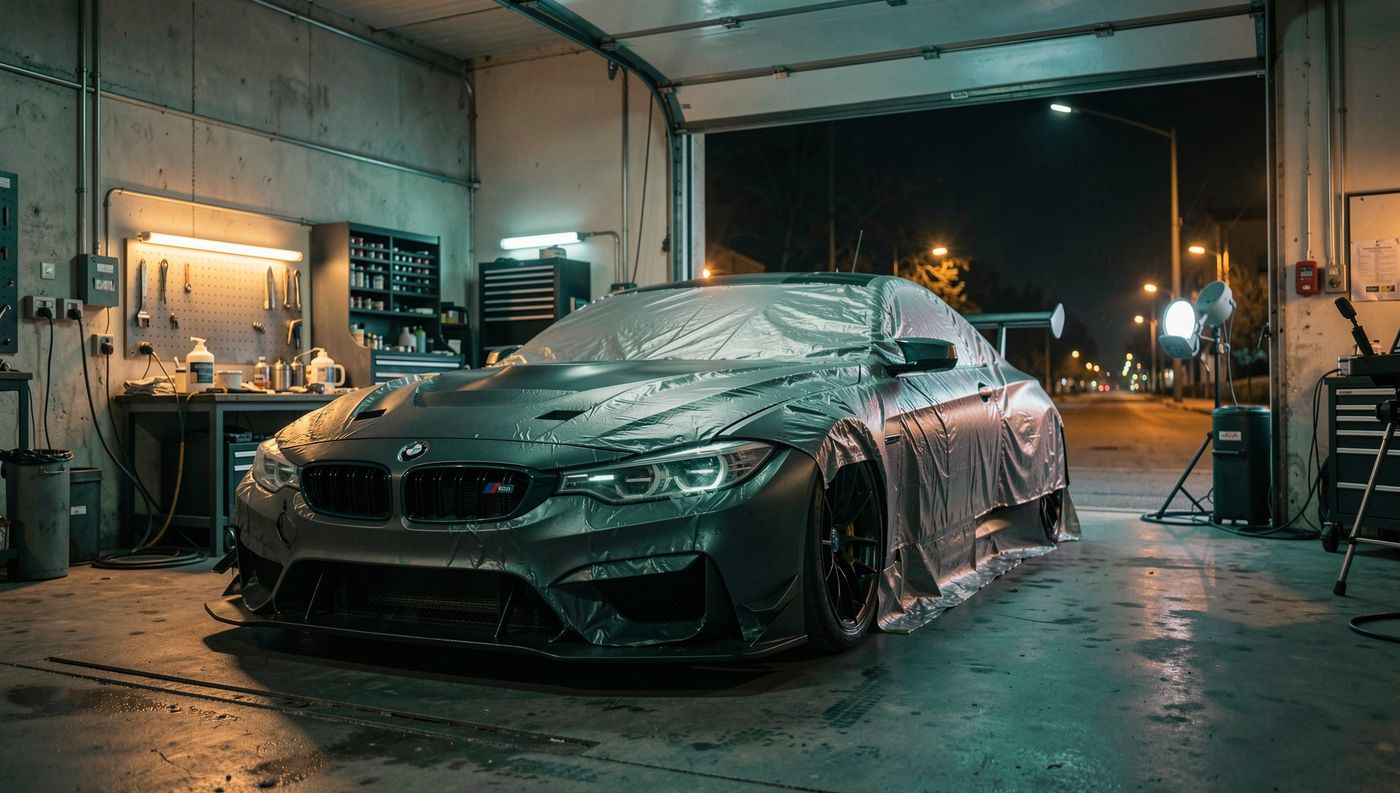 BMW M4 GT3 Rennwagen nachts in der Box