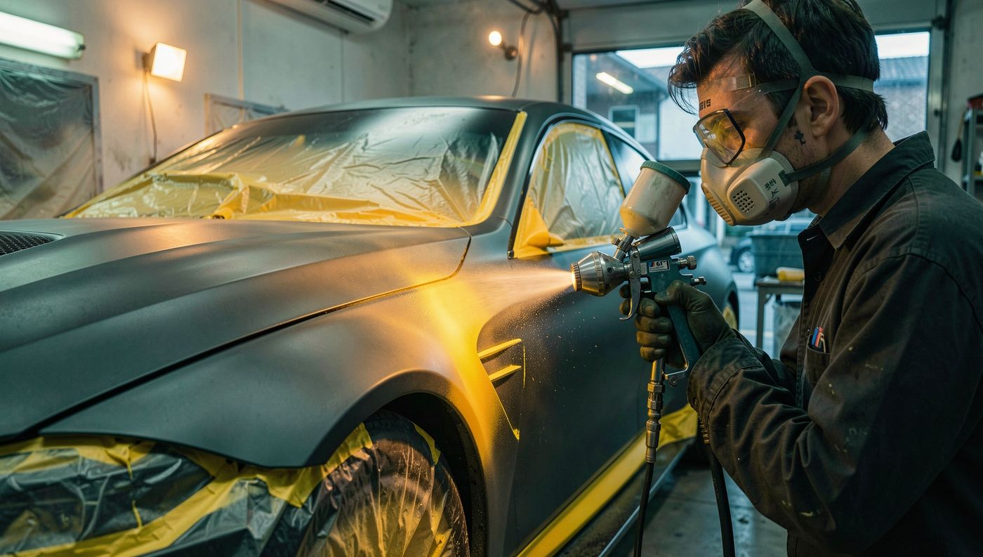 Techniker bringt gelbe Akzente an einem Rennwagen an